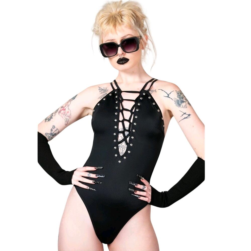 NWT KILLSTAR Lilith's Gaze Black Studded Lace Up One Piece Swimsuit XS Goth